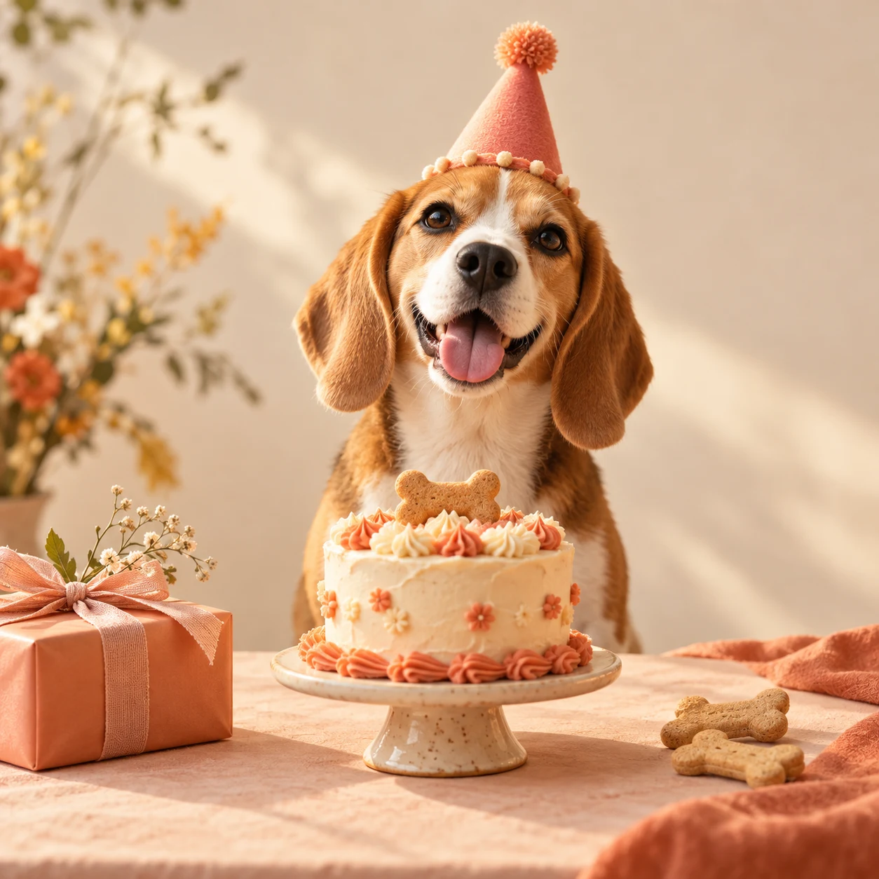 Imagen conceptual: un beagle celebra junto a una torta decorada y un regalo